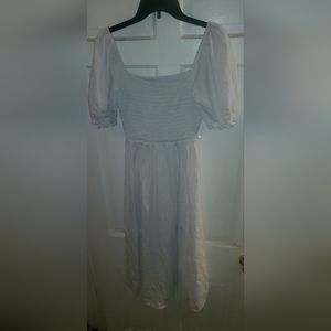 White square neck slit puff sleeve summer midi dress